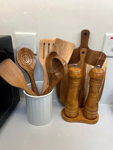 Wooden kitchen utensil set with holder and salt  pepper mills-all together