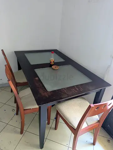 Wooden Dining Table with 3 Chairs and Glass Insets