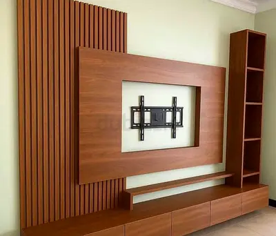 Brand New Wooden wall-mounted entertainment unit with shelving and TV mount
