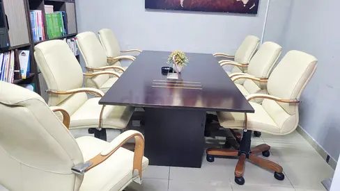 8-Piece Cream Leather Office Meeting Table Set with Dark Wood Table