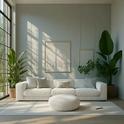 Modern white fabric 3-seater sofa with ottoman - comfortable and clean