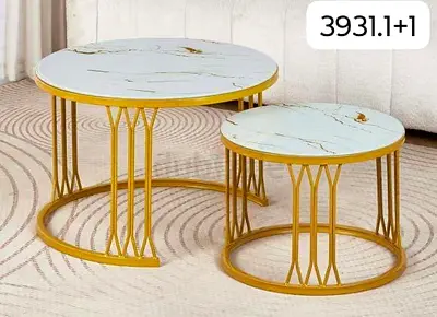 Set of 2 Round Marble-Top Nesting Coffee Tables with Gold Metal Base-3931