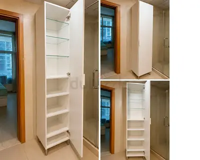 Slim White Bathroom Storage Cabinet with Glass Shelves