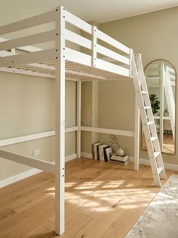 White Wooden Loft Bed with Ladder -queen size Studio Space Saver