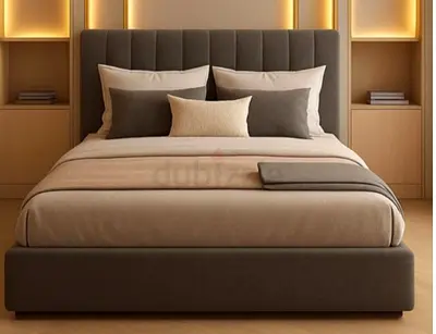 Upholstered queen Bed Frame with Padded Headboard - Neutral Grey