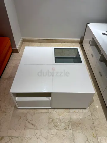 White Modern Coffee Table with Storage and Glass Display