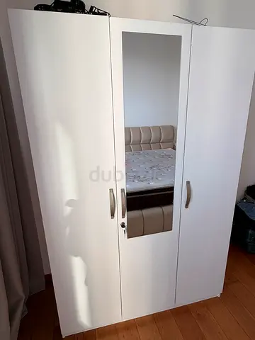 White 3-Door Wardrobe with Mirror - Good Condition