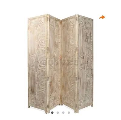 Wooden Carved 3-Panel Room Divider / Screen - Neutral Beige