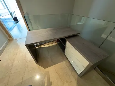 L-shaped Modern Study Desk with Drawers (Grey Wood Finish)