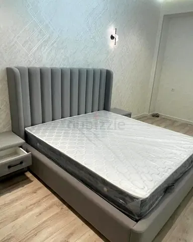Queen size upholstered bed frame with mattress and nightstands - grey