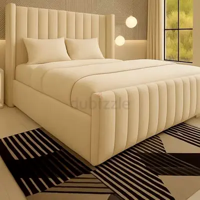 Beige Upholstered King Bed with Padded Headboard