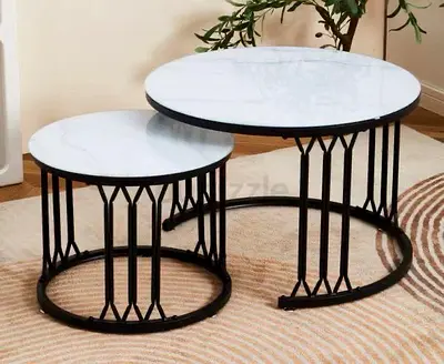 Set of 2 Round Nesting Coffee Tables — Marble Top with Black Metal Base-3931