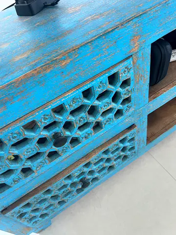 Solid Blue Wood Blue Cabinet with Carved Drawer Panels 170x40 cm