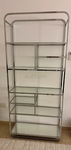 West Elm Denise Tall Bookshelf, chrome metal and glass Dimensions: 32W X 13D X 71.75H.