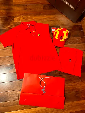 Red Ferrari polo shirt + cap+ lettering+ shoe bag  and paper bag unused set All original