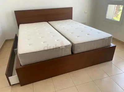 King wooden platform bed frame with storage drawers (fits two single mattresses)
