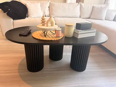 Modern Oval Coffee Table with Black Column Legs, Good Condition