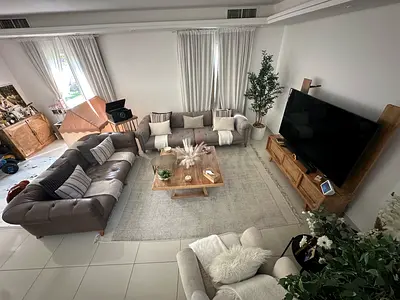 L-shaped Living Room Sofa Set with Coffee Table and TV Unit (Neutral Tones)