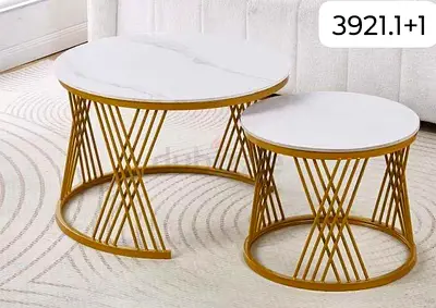 Set of 2 Round Nesting Coffee Side Tables with Marble Top and Gold Metal Base-3921