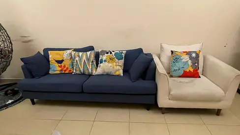 Blue 3 + 2 -seater Sofa with Single Cream Sofa - Good Condition
