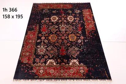 5x7 ftHandwoven abstract -Style Afghan carpet  Rug 158 x 195 cm - Dark Blue with Red Border