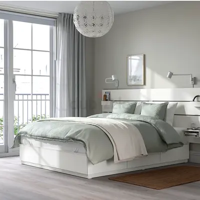 IKEA NORDLI White Bed Frame with Storage, Headboard and Mattress — 180x200 cm
