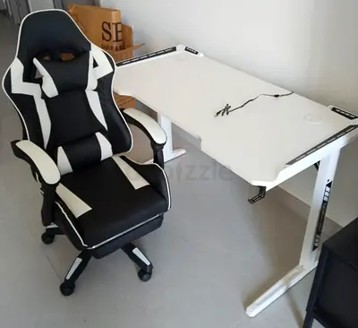 White L-shaped Gaming/Study Desk with Black  White Ergonomic Gaming Chair