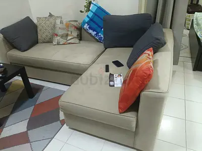 Light beige L-shaped fabric sofa - 3-seater corner sofa, good condition