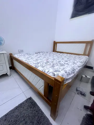 Solid Wood Double Bed with Headboard and Side Panels - Good Condition