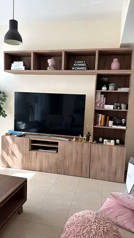 Tv 65 inch LG model and Wooden TV Entertainment Unit with Wall Shelves -Light Walnut and coffe table