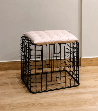 Black Metal Wire Cube Stool with beige Cushion