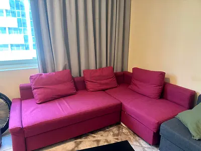 L-shaped Magenta Fabric Sofa - Good Condition