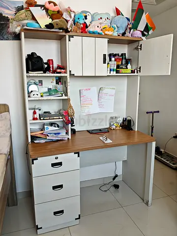 Wooden Study Desk with Overhead Cabinet and Drawers - Good Condition