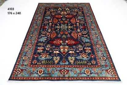 Afghan wool Handmade Wool Oriental Rug - 176 x 240 cm, Deep Blue with Teal Border