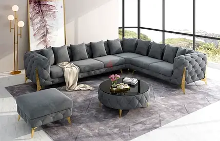 L-shaped Velvet Grey Sectional Sofa with Ottoman