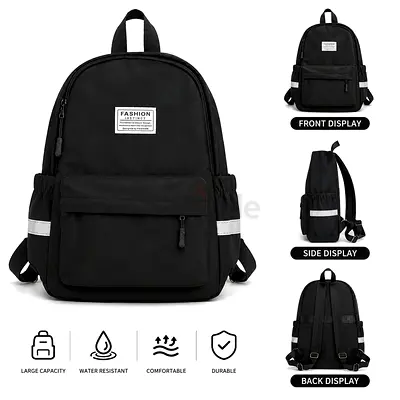 Black Casual Water-Resistant Backpack — Lightweight Daypack