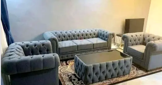 3-Piece Tufted Chesterfield Sofa Set with Ottoman - Grey