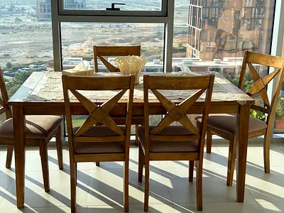 Solid Wood 6-Seater Dining Table with Cross-Back Chairs - Good Condition