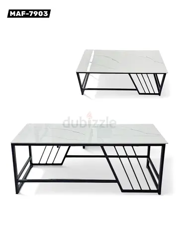 Modern Rectangular Coffee Table with Marble-Effect Top and Black Metal Frame (Set of 2)