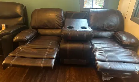 Dark Brown Leather 3-Seater Recliner Sofa with Center Console option to use as a stand or handrest