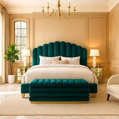 Emerald Velvet Scalloped Bed Frame with Matching Bench - King Size