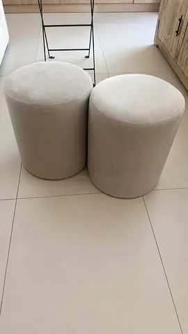 Pair of Beige Round Storage Ottomans / Poufs