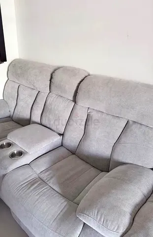 2 x Light Grey 2-Seaters Recliner Sofa with Cup Holders