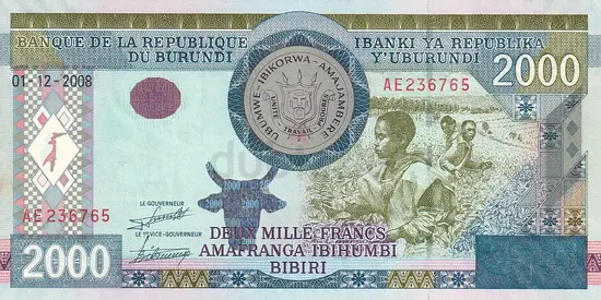 BURUNDI 2000 FRANCS BANKNOTE 2008