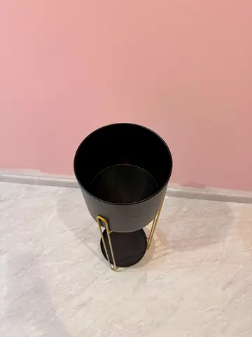 Small Black Metal Bin with Gold Stand - Compact Wastebasket