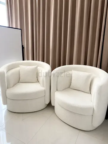 Pair of White Bouclé Swivel Barrel Chairs - Excellent Condition