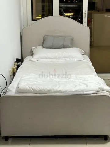 Light grey upholstered single  bed with headboard with mattress - good condition —