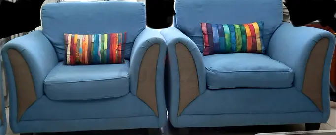 Pair of Light Blue Fabric Armchairs with Accent Pillows - Good Condition