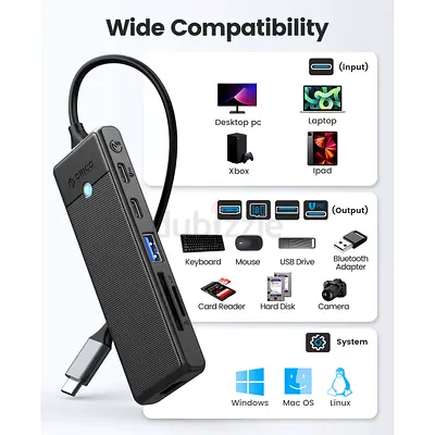 ORICO 6 IN 1 Type-C Laptop Docking Station with 4K@30HZ HDMI, PD 100W, SD/TF,