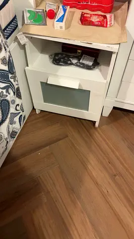 White bedside nightstand with drawer and open shelf - good condition